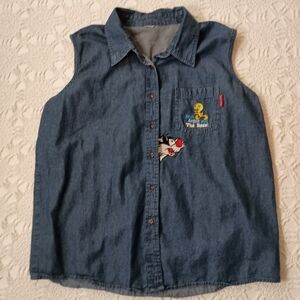 Vtg Looney Tunes Denim Button-Up Tank Top Shirt Denim Embroidered XL Women XXL